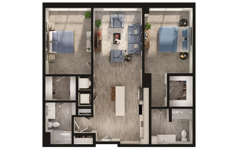 B6 - 2 bedroom floorplan layout with 2 bathrooms and 1187 - 1201 square feet (3D)