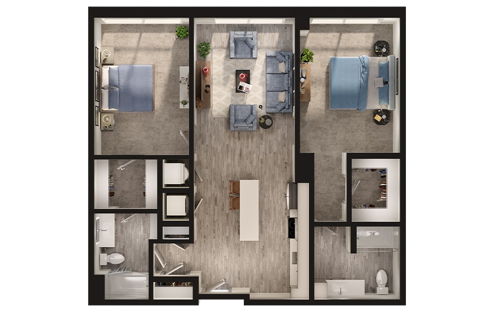 B6 - 2 bedroom floorplan layout with 2 baths and 1187 to 1201 square feet. (3D)