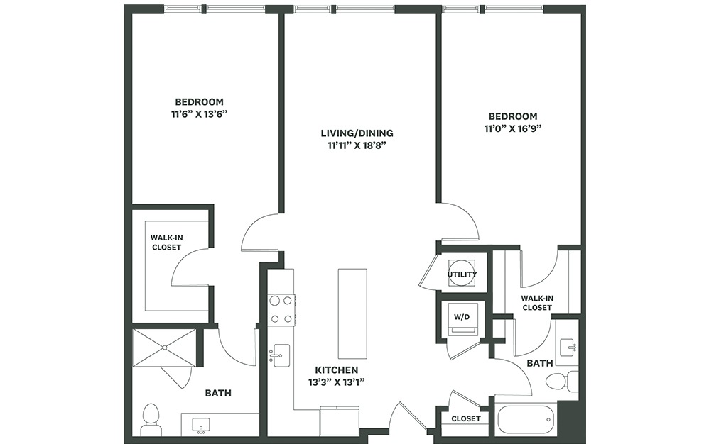 B6 - 2 bedroom floorplan layout with 2 baths and 1187 to 1201 square feet. (2D)